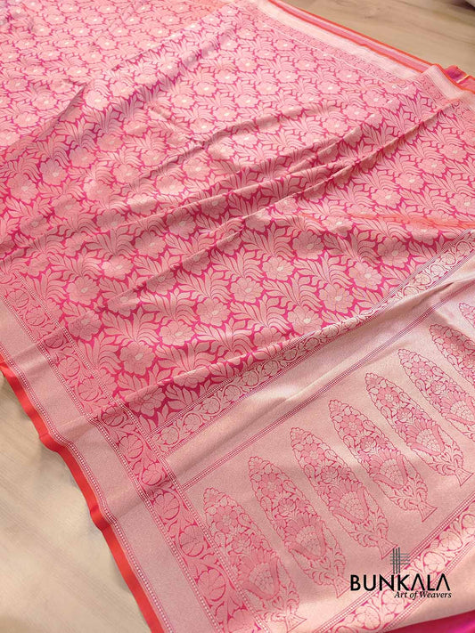 Coral Pink Big Flower Design Weaved Banarasi Silk Saree