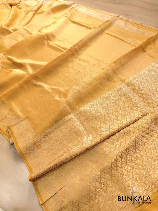 Golden Yellow Plain Banarasi Tissue Mashru Silk Saree