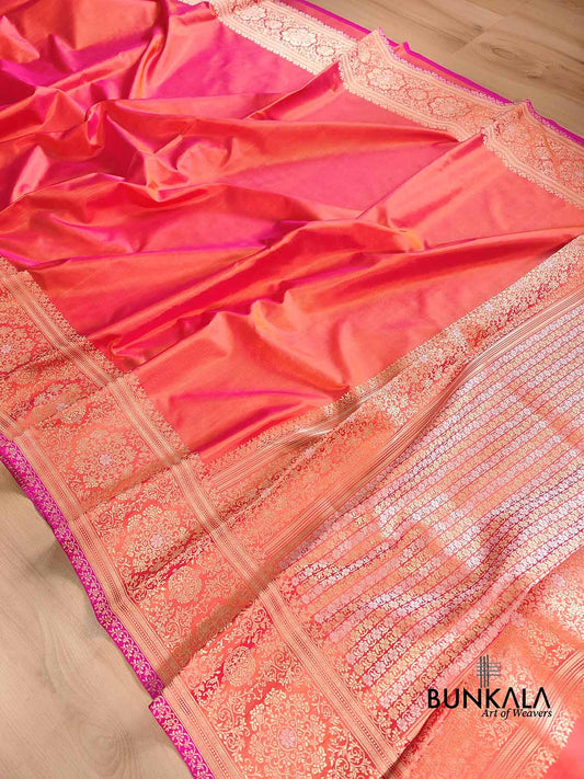 Pink Double Shaded Pure Katan Silk Plain Banarasi Handloom Saree