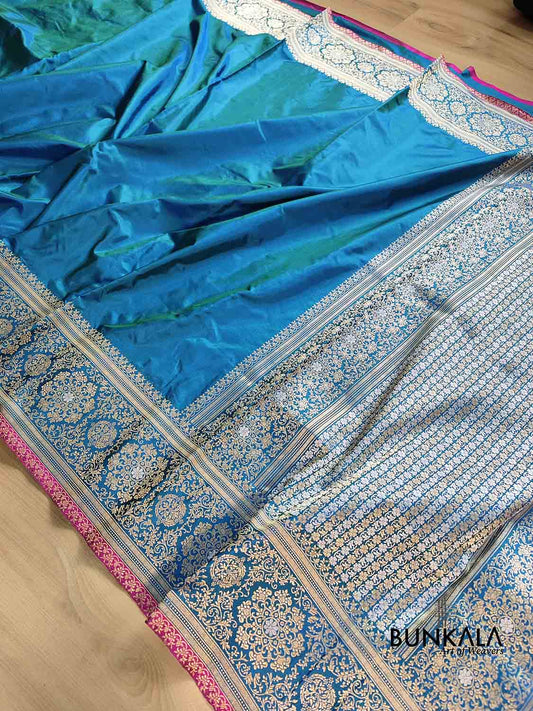 Blue Double Shaded Pure Katan Silk Plain Banarasi Handloom Saree