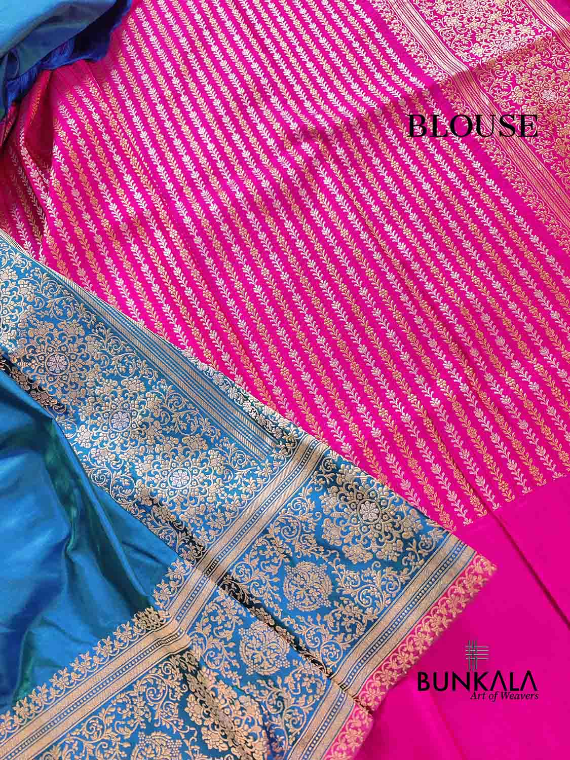 Blue Double Shaded Pure Katan Silk Plain Banarasi Handloom Saree