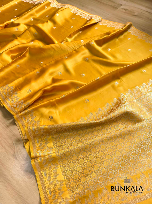 Bright Yellow Floral Buti Banarasi Mashru Silk Saree