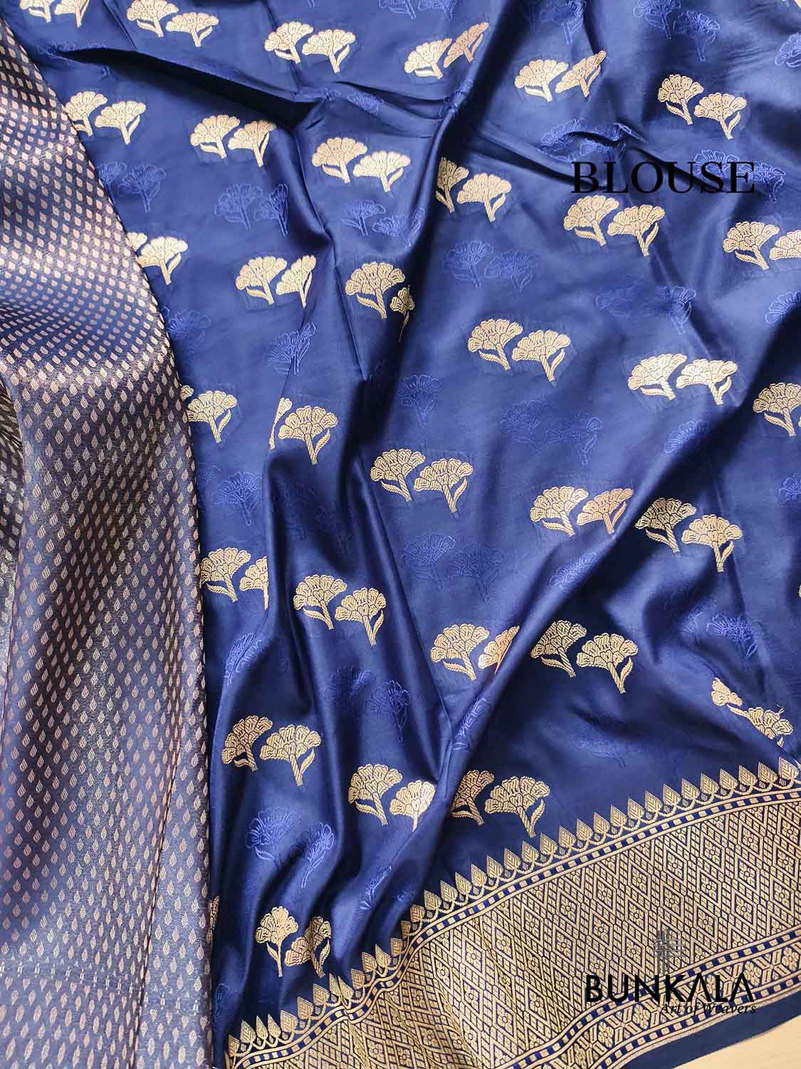 Navy Blue Buti Banarasi without Border Mashru Silk Saree