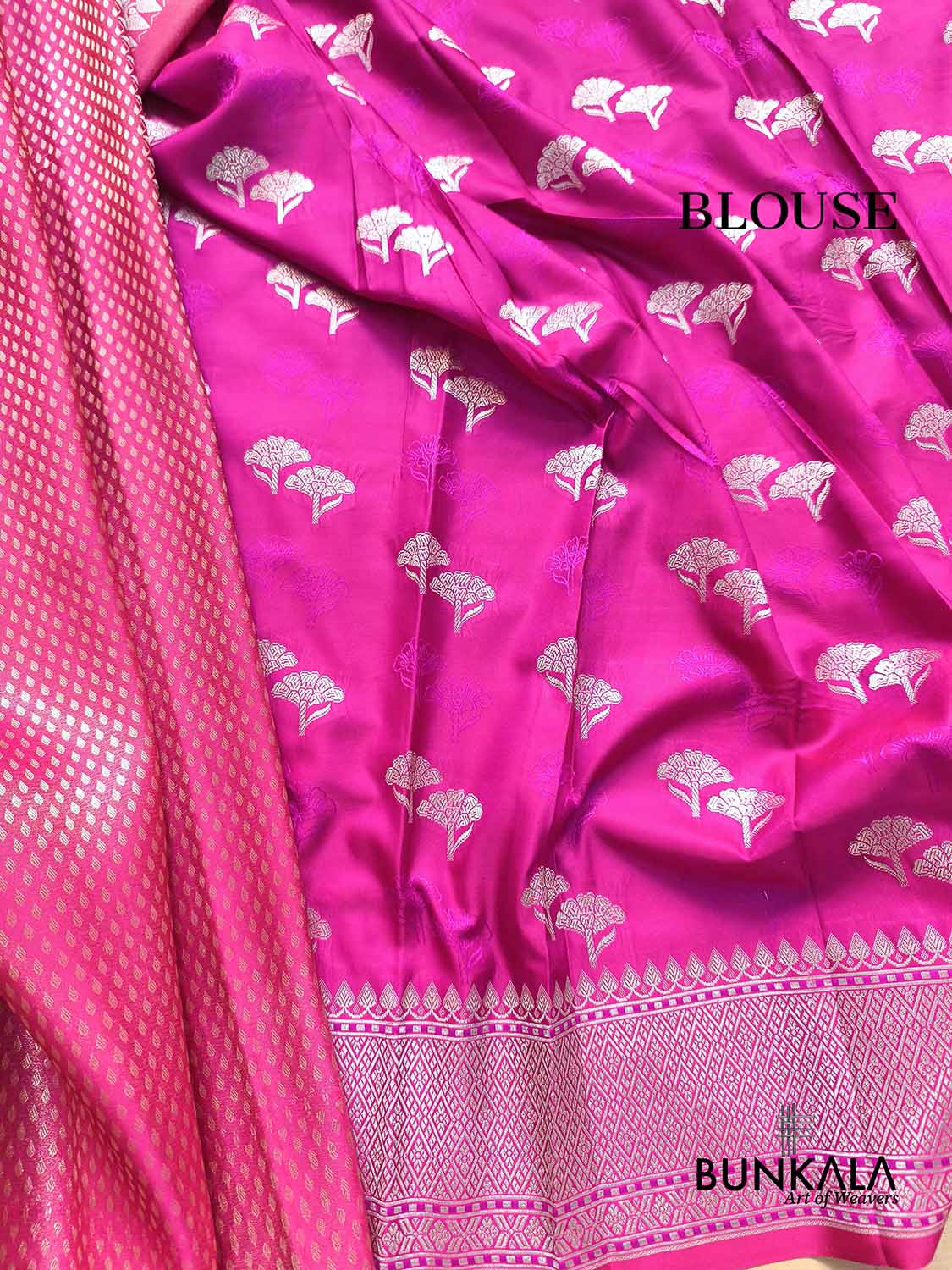 Fuchsia Pink Buti Banarasi without Border Mashru Silk Saree
