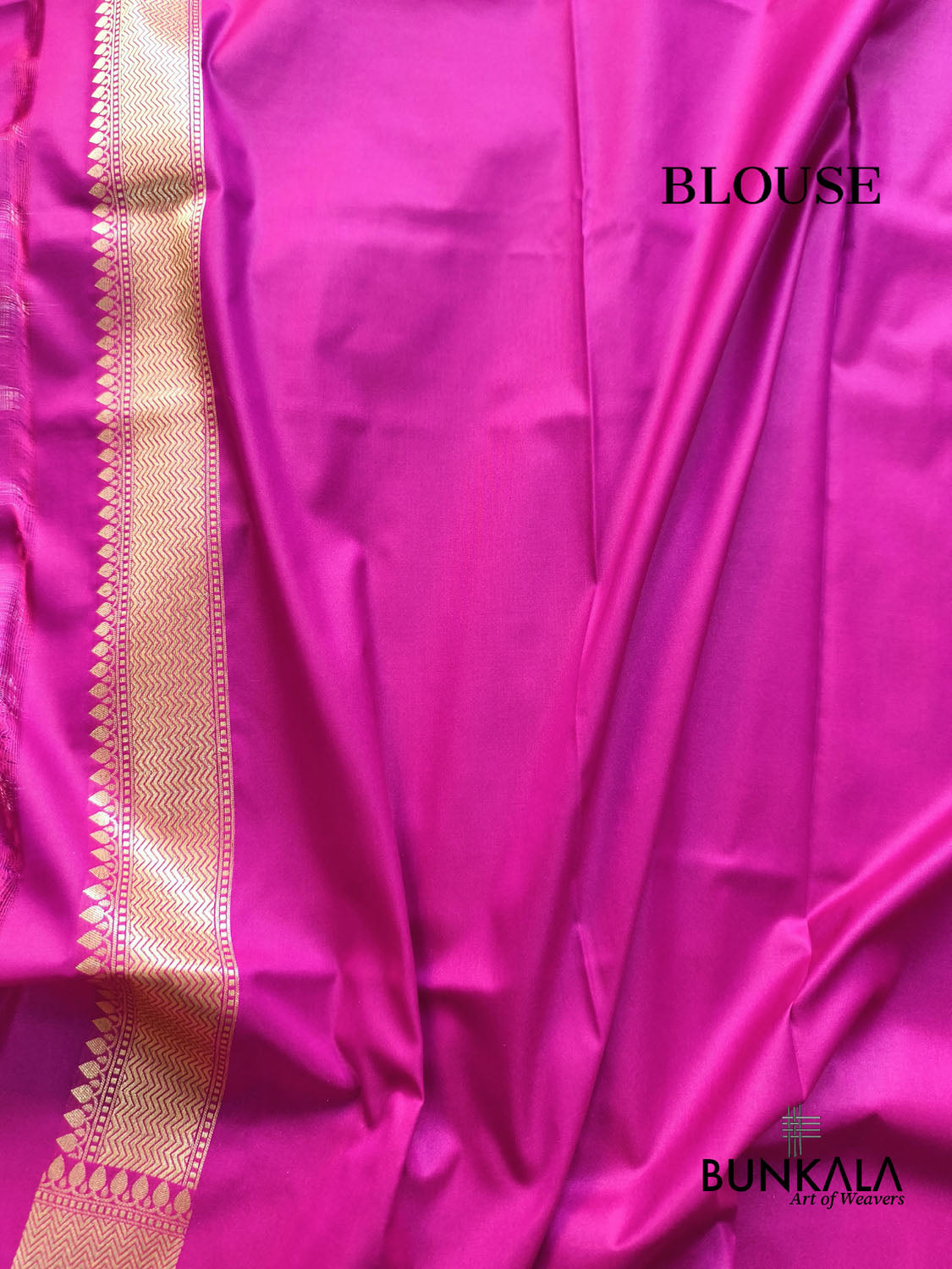 Rani Pink Leaf Golden Motif Chevron Border Weaved Banarasi Mashru Silk Saree