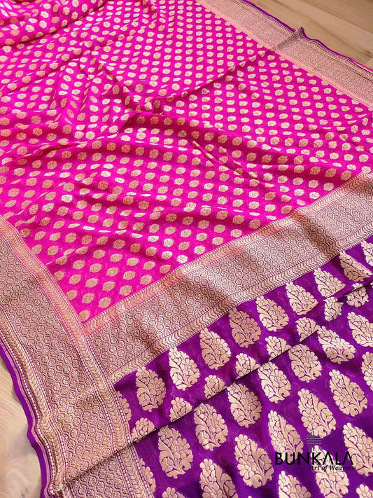 Pink Allover Small Buti Pure Georgette Handloom Banarasi Purple Contrast Border Saree