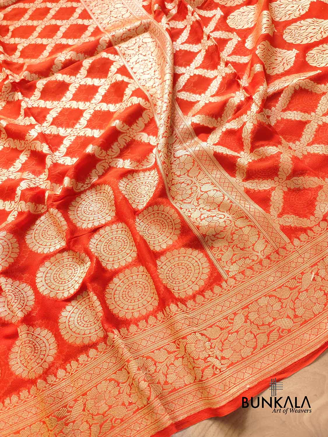 Bright Orange Pure Georgette Handloom Banarasi Saree