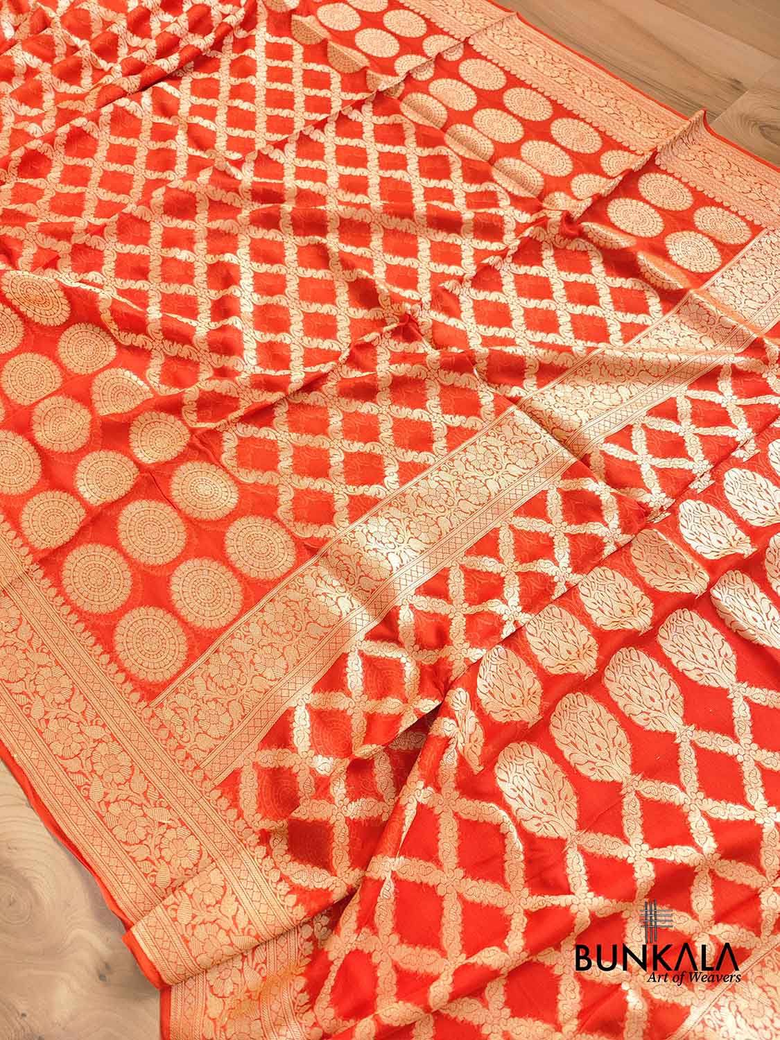 Bright Orange Pure Georgette Handloom Banarasi Saree