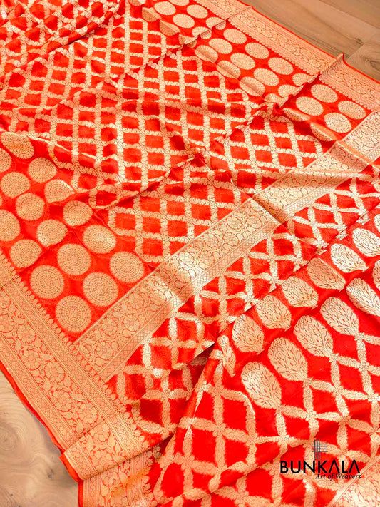 Bright Orange Pure Georgette Handloom Banarasi Saree
