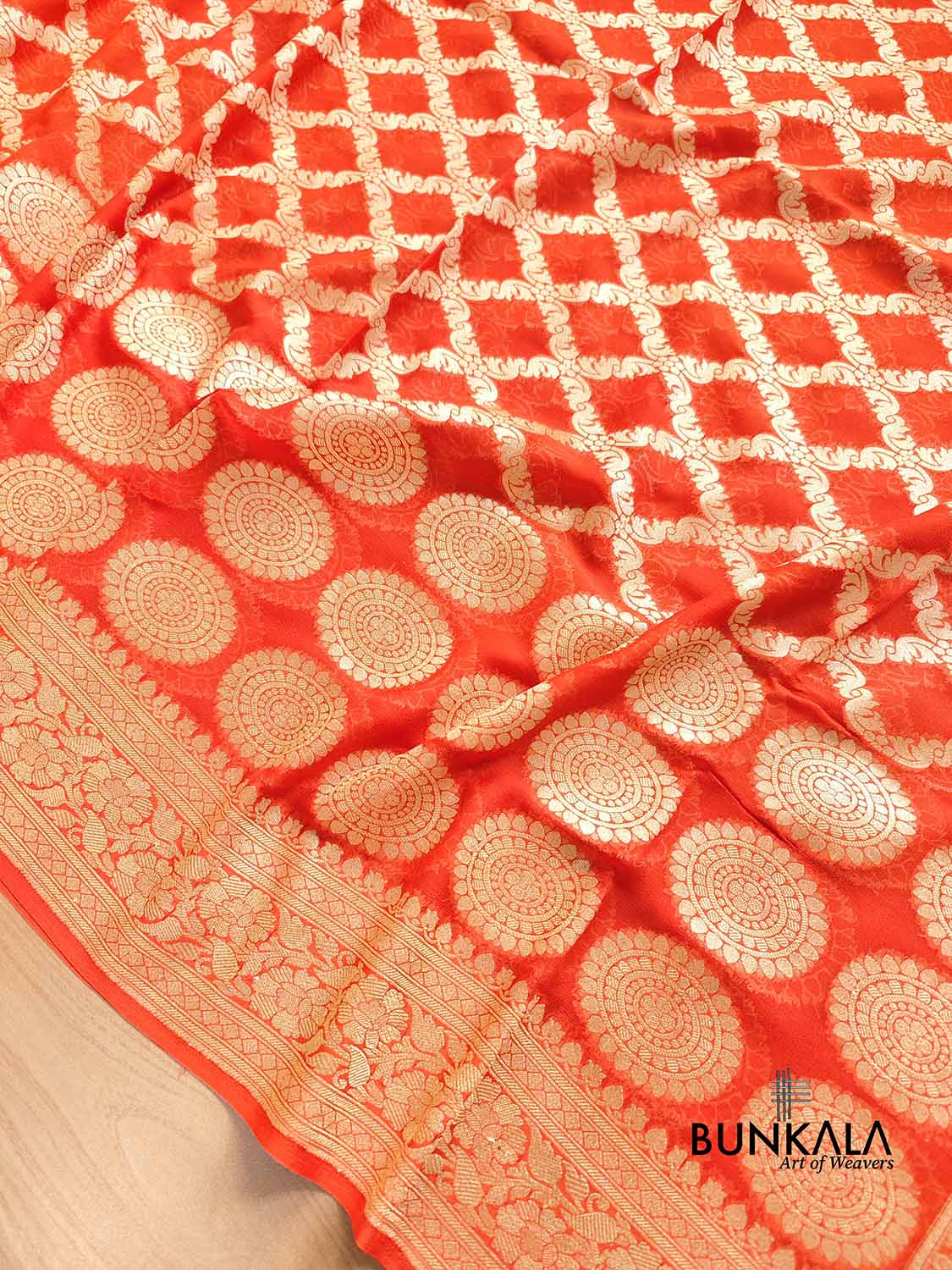 Bright Orange Pure Georgette Handloom Banarasi Saree