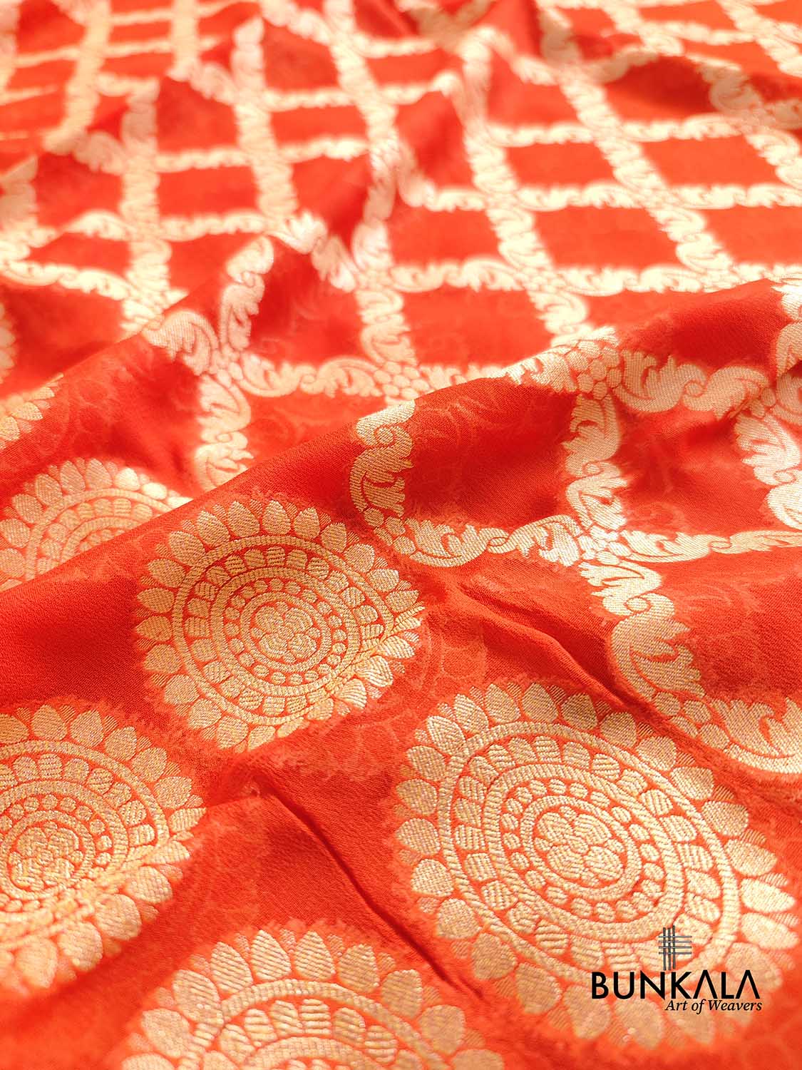 Bright Orange Pure Georgette Handloom Banarasi Saree