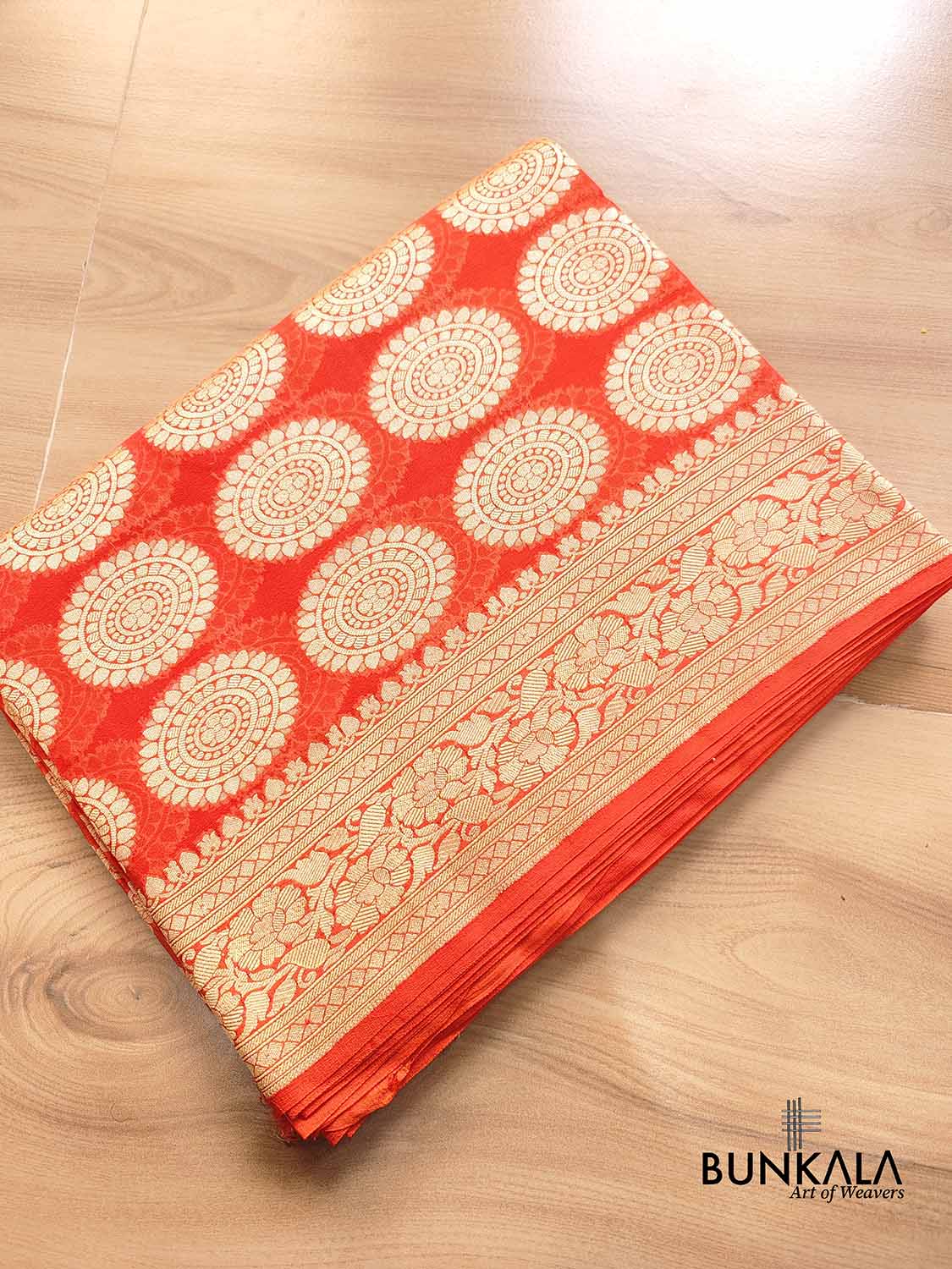 Bright Orange Pure Georgette Handloom Banarasi Saree