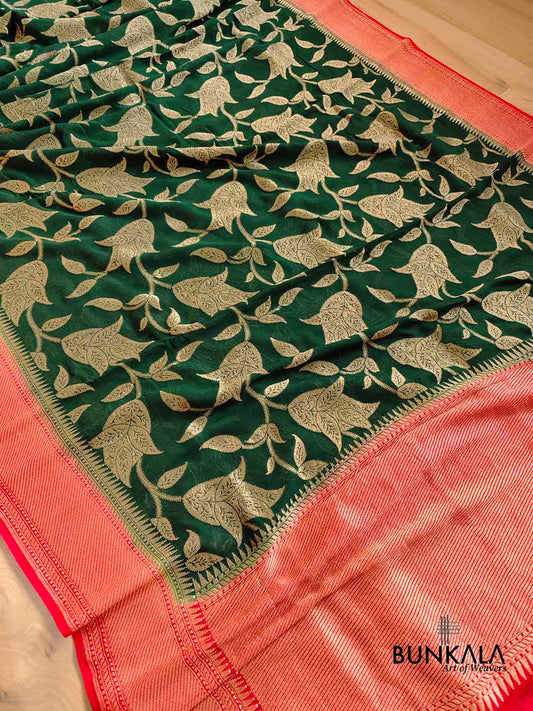 Bottle Green Pure Georgette Handloom Banarasi Saree with Red Contrast Border
