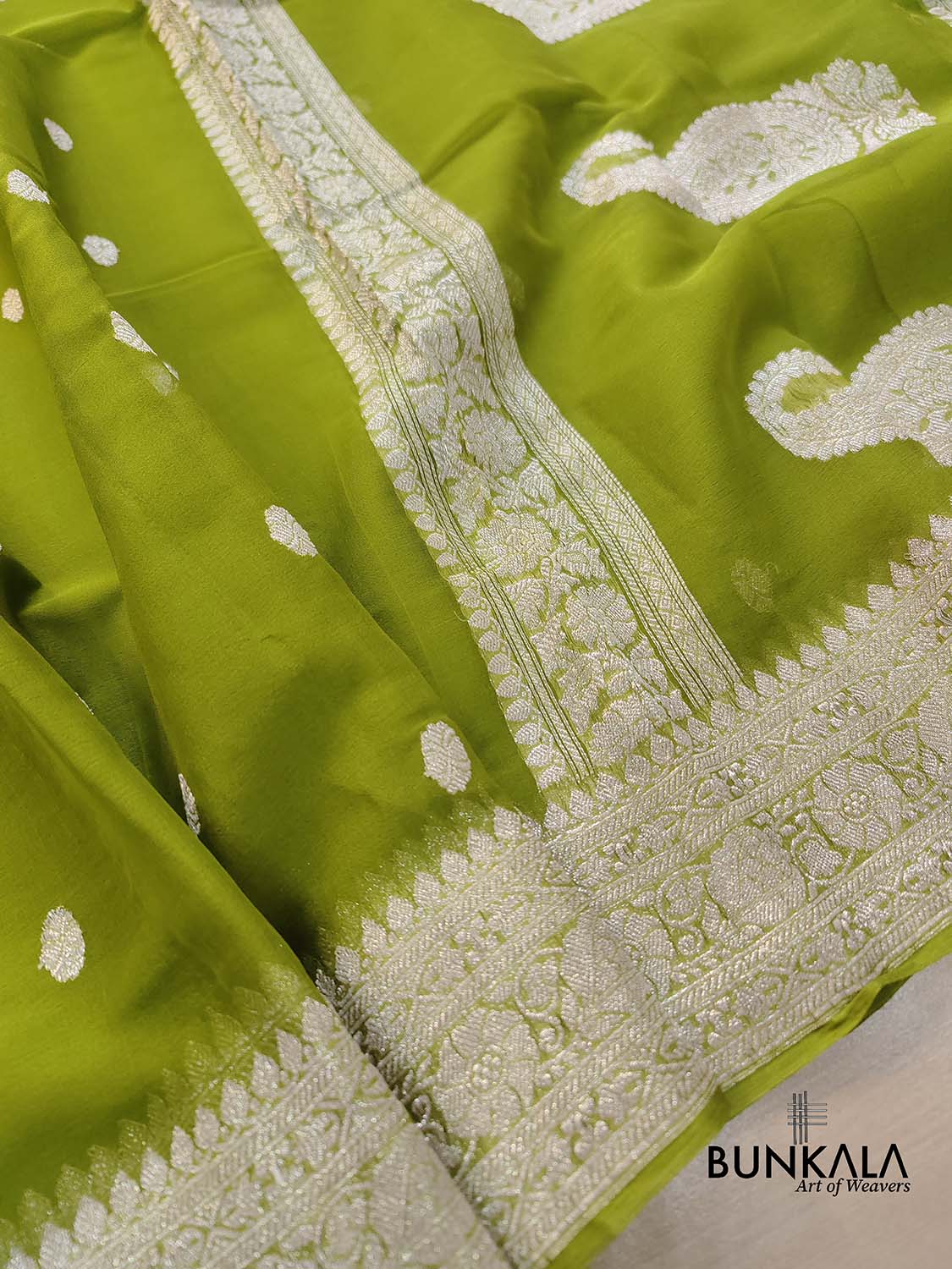 Mehendi Green Allover Silver Zari Buti Handloom Banarasi Pure Khaddi Chiffon Saree
