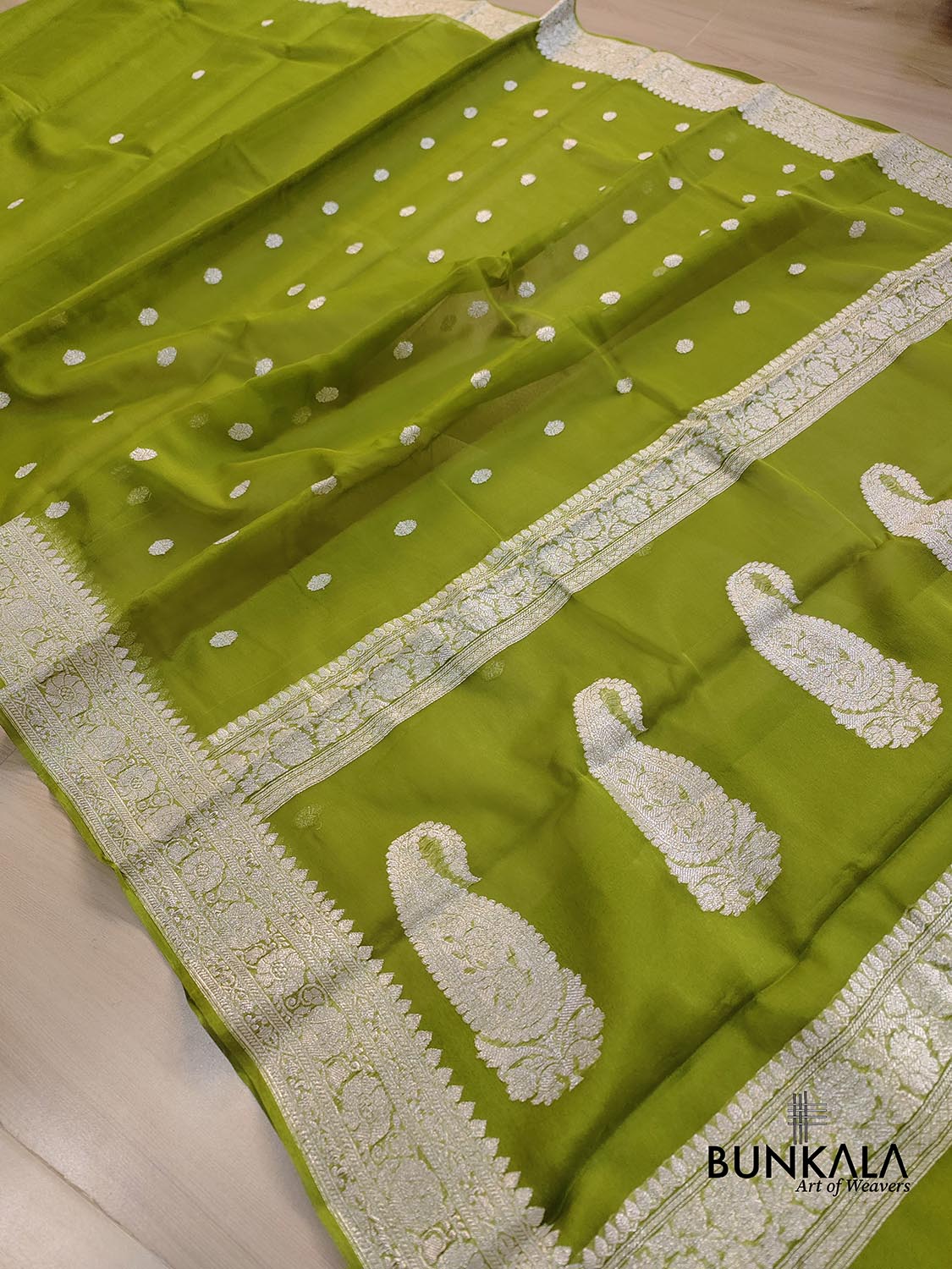 Mehendi Green Allover Silver Zari Buti Handloom Banarasi Pure Khaddi Chiffon Saree