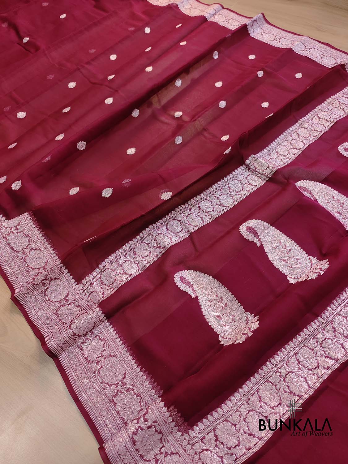 Burgundy Allover Silver Zari Buti Handloom Banarasi Pure Khaddi Chiffon Saree
