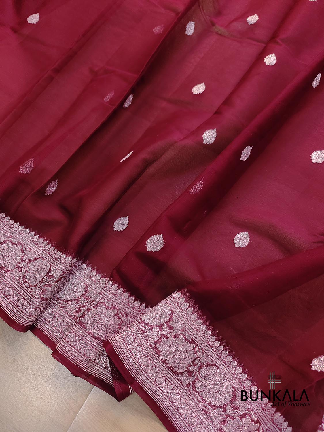 Burgundy Allover Silver Zari Buti Handloom Banarasi Pure Khaddi Chiffon Saree