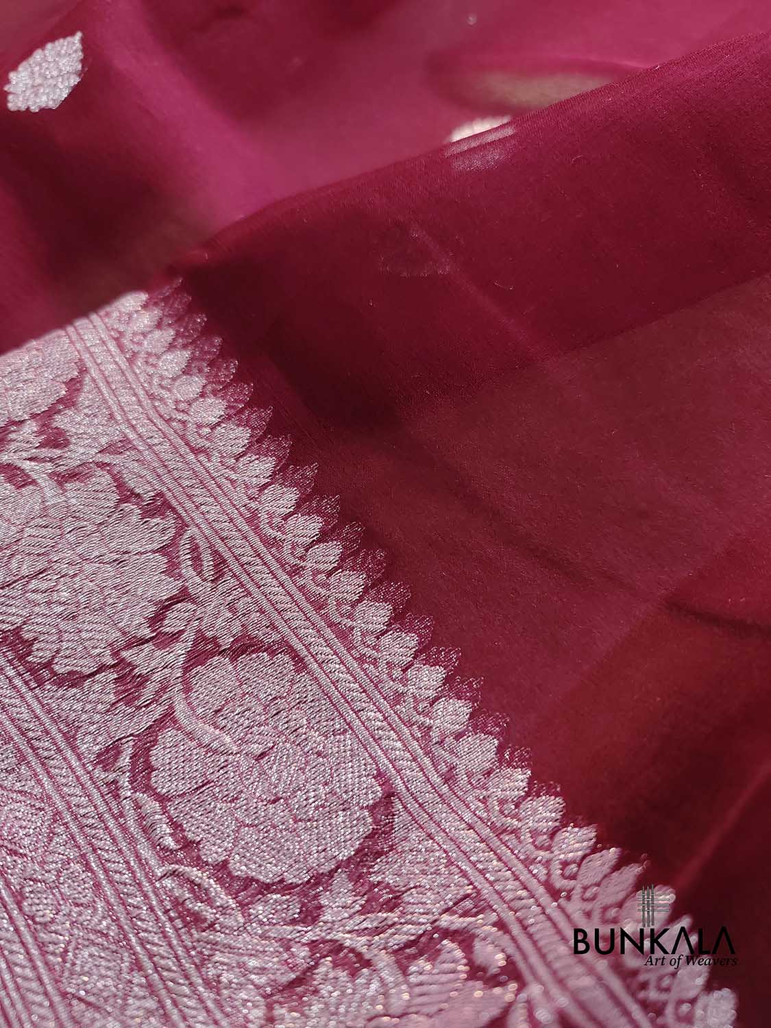 Burgundy Allover Silver Zari Buti Handloom Banarasi Pure Khaddi Chiffon Saree