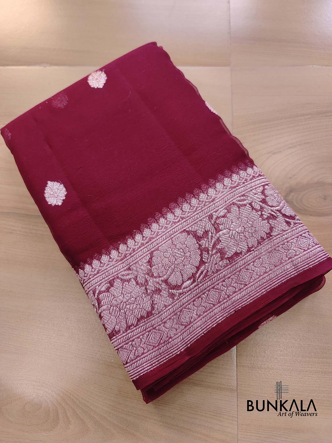 Burgundy Allover Silver Zari Buti Handloom Banarasi Pure Khaddi Chiffon Saree