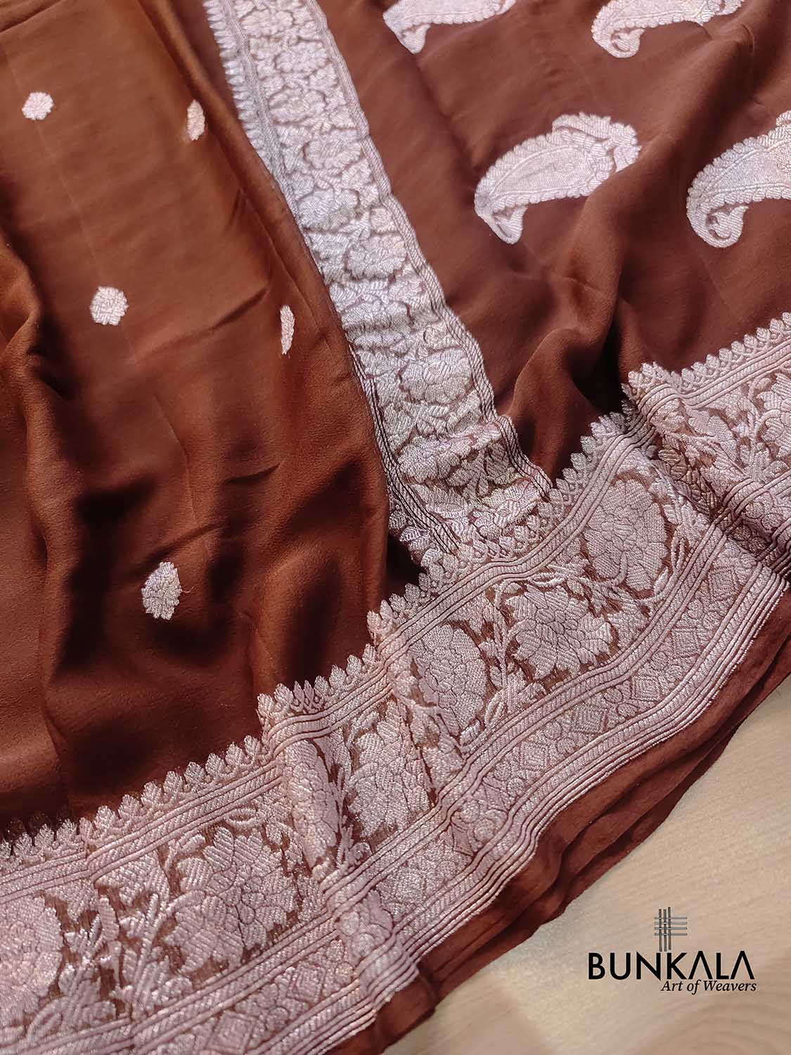 Brown Allover Silver Zari Buti Handloom Banarasi Pure Khaddi Chiffon Saree