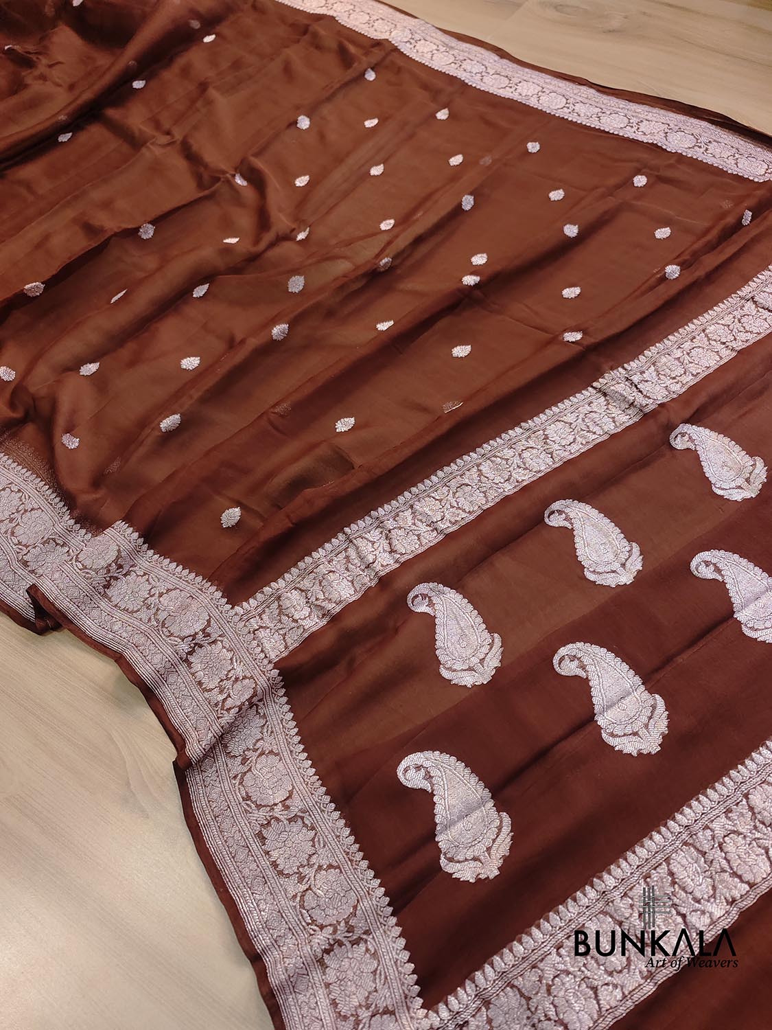 Brown Allover Silver Zari Buti Handloom Banarasi Pure Khaddi Chiffon Saree