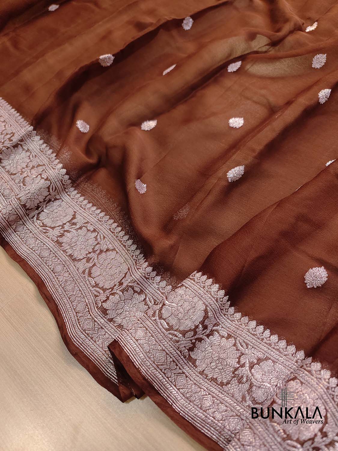 Brown Allover Silver Zari Buti Handloom Banarasi Pure Khaddi Chiffon Saree