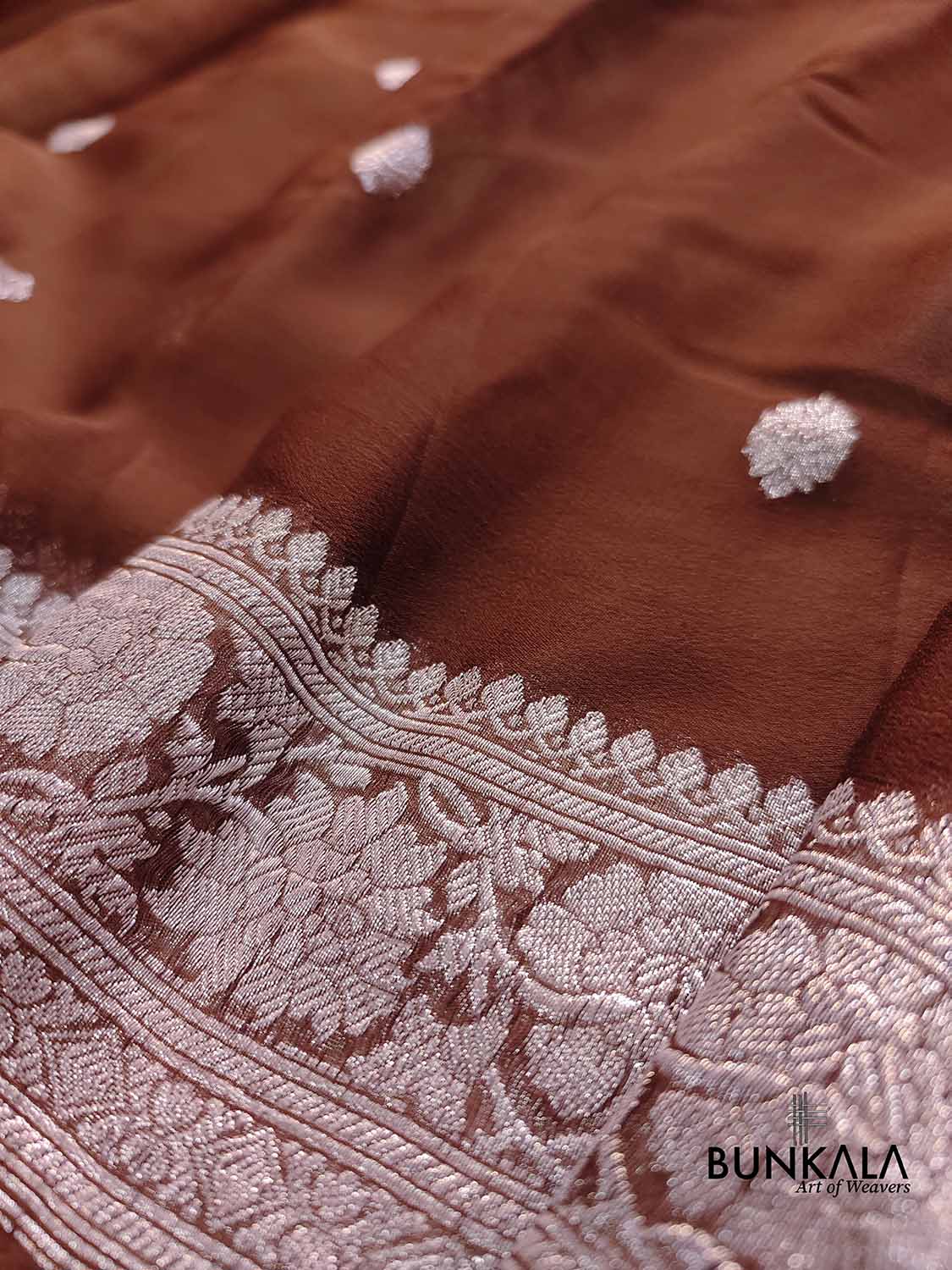 Brown Allover Silver Zari Buti Handloom Banarasi Pure Khaddi Chiffon Saree