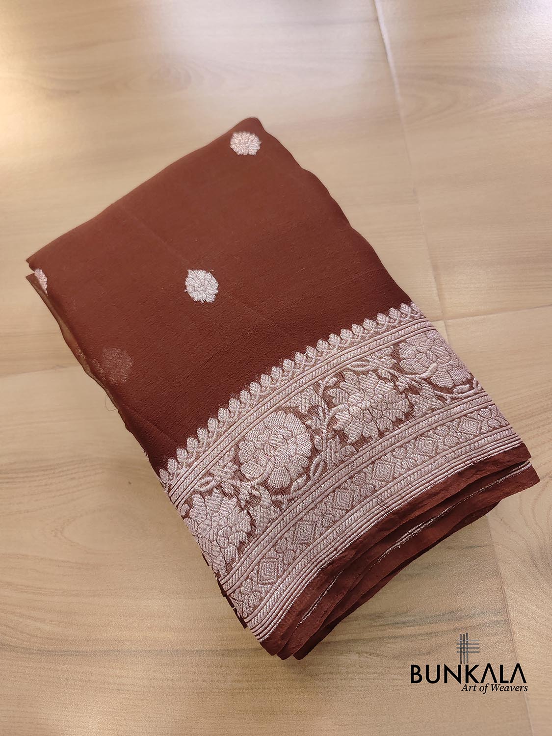 Brown Allover Silver Zari Buti Handloom Banarasi Pure Khaddi Chiffon Saree