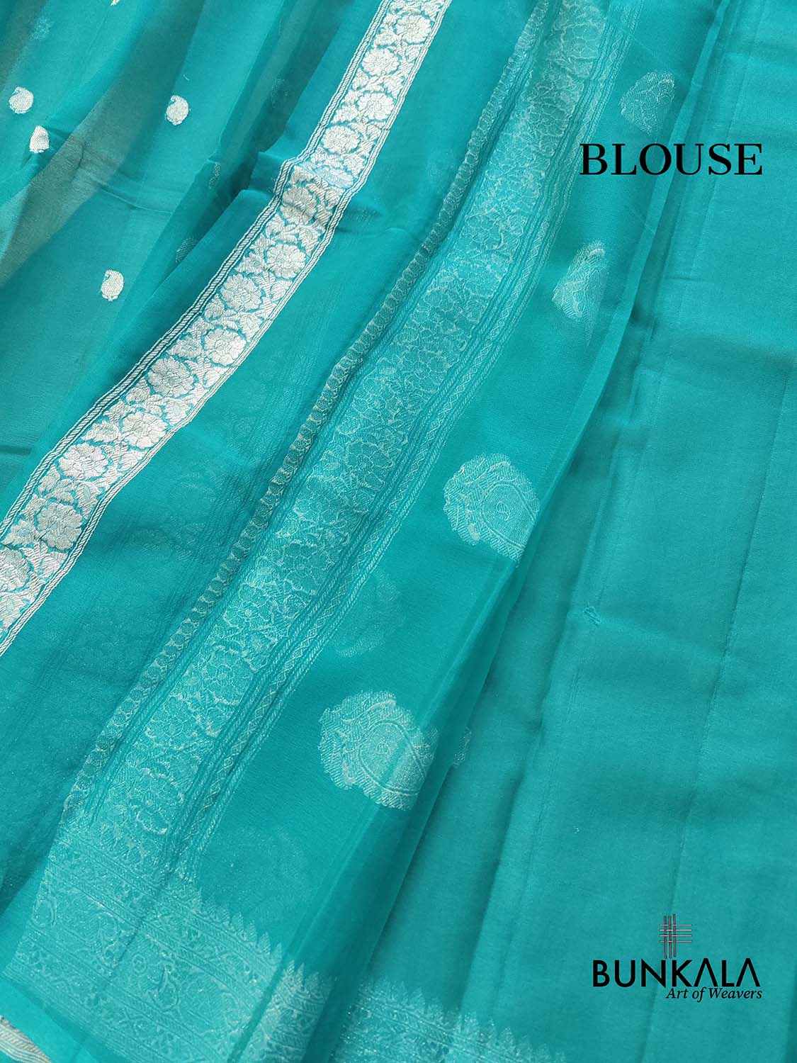 Peacock Blue Allover Silver Zari Buti Handloom Banarasi Pure Khaddi Chiffon Saree