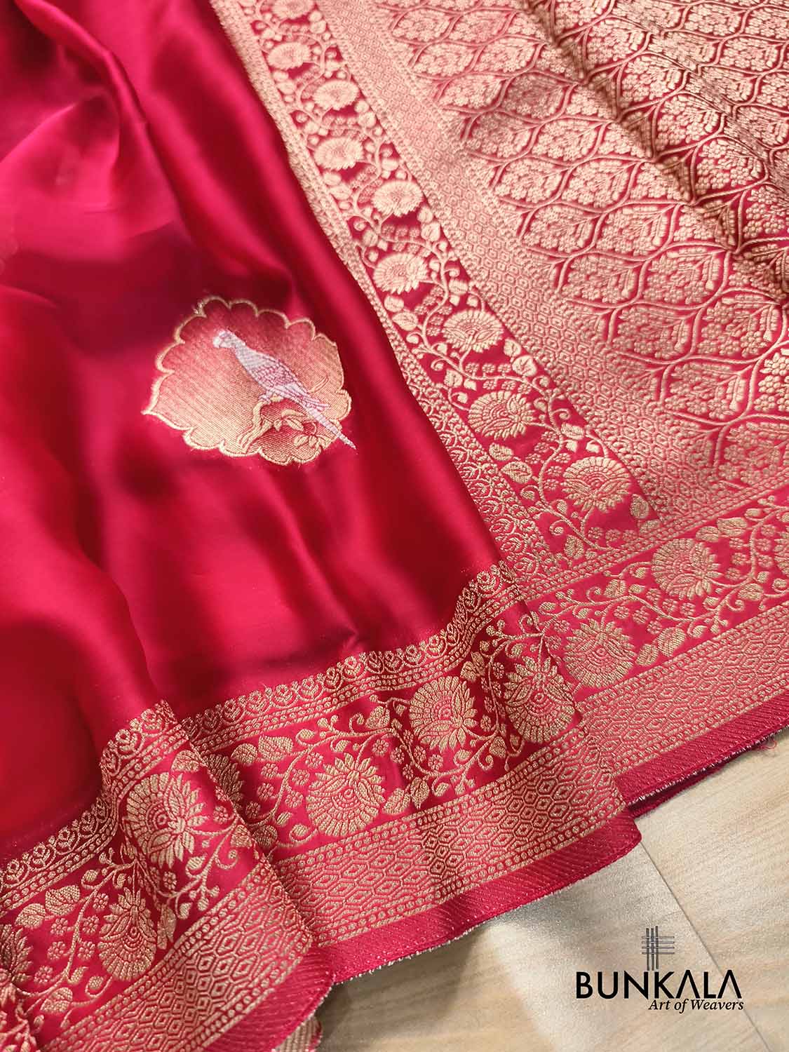 Reddish Pink Birds Jharokha Design Sona Rupa Banarasi Mashru Organza Silk Saree