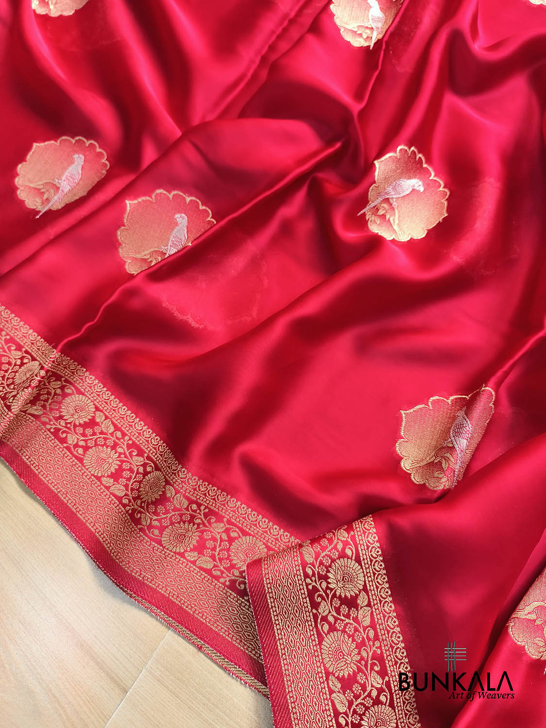 Reddish Pink Birds Jharokha Design Sona Rupa Banarasi Mashru Organza Silk Saree