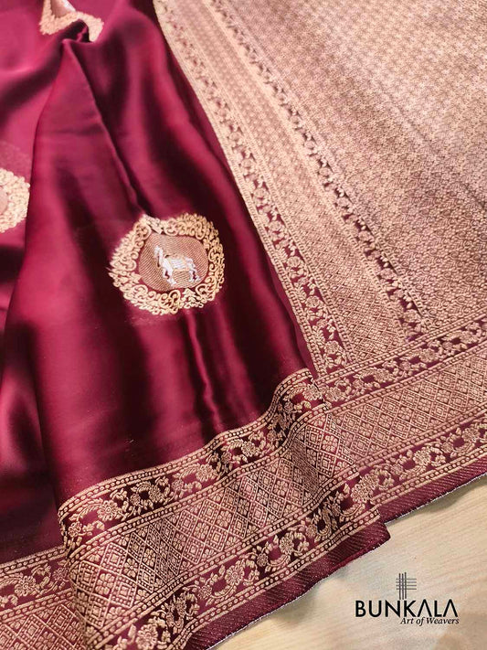Maroon Horse Jharokha Design Sona Rupa Banarasi Mashru Organza Silk Saree