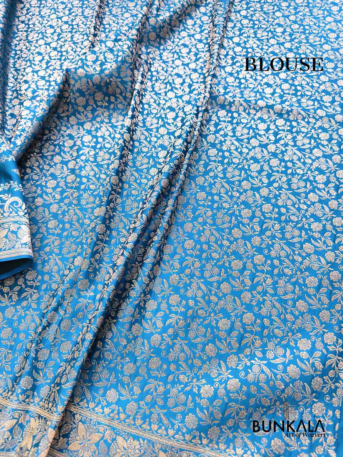 Ocean Blue Golden Zari Buti Koniya Pallu Banarasi Mashru Silk Saree