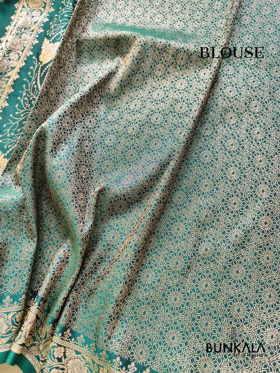 Teal Green Golden Zari Buti Heavy Floral Pallu Banarasi Mashru Silk Saree