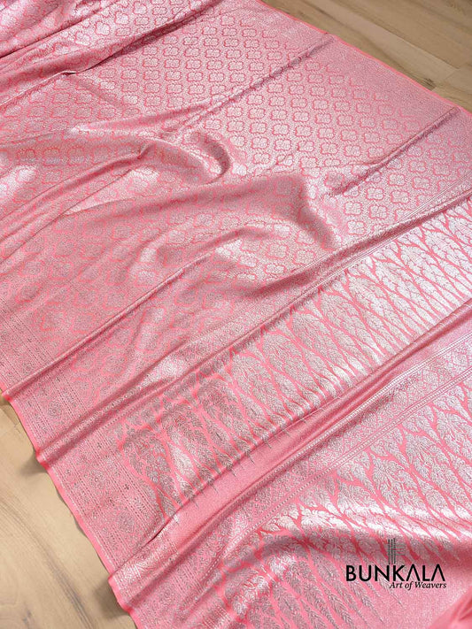 Peach Pink Mashru Silk Silver Zari Brocade Weaved Banarasi Saree