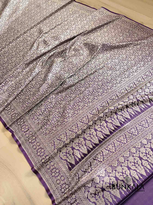 Dark Purple Mashru Silk Silver Zari Brocade Weaved Banarasi Saree