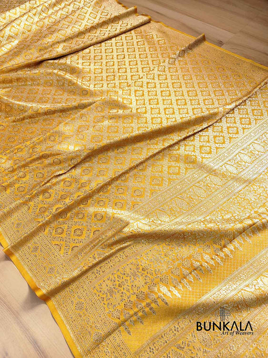 Mustard Yellow Brocade Mashru Silk Gold Zari Banarasi Saree