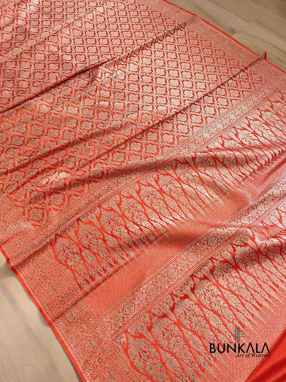 Bright Orange Mashru Silk Gold Zari Brocade Weaved Banarasi Saree
