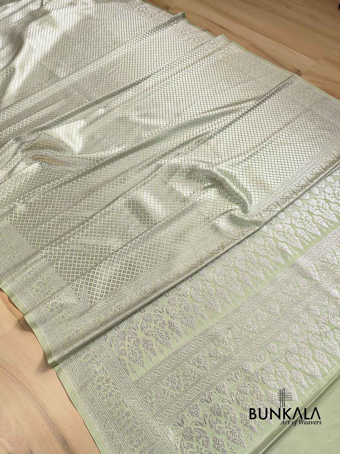 English Light Green Mashru Silk Silver Zari Brocade Weaved Banarasi Saree