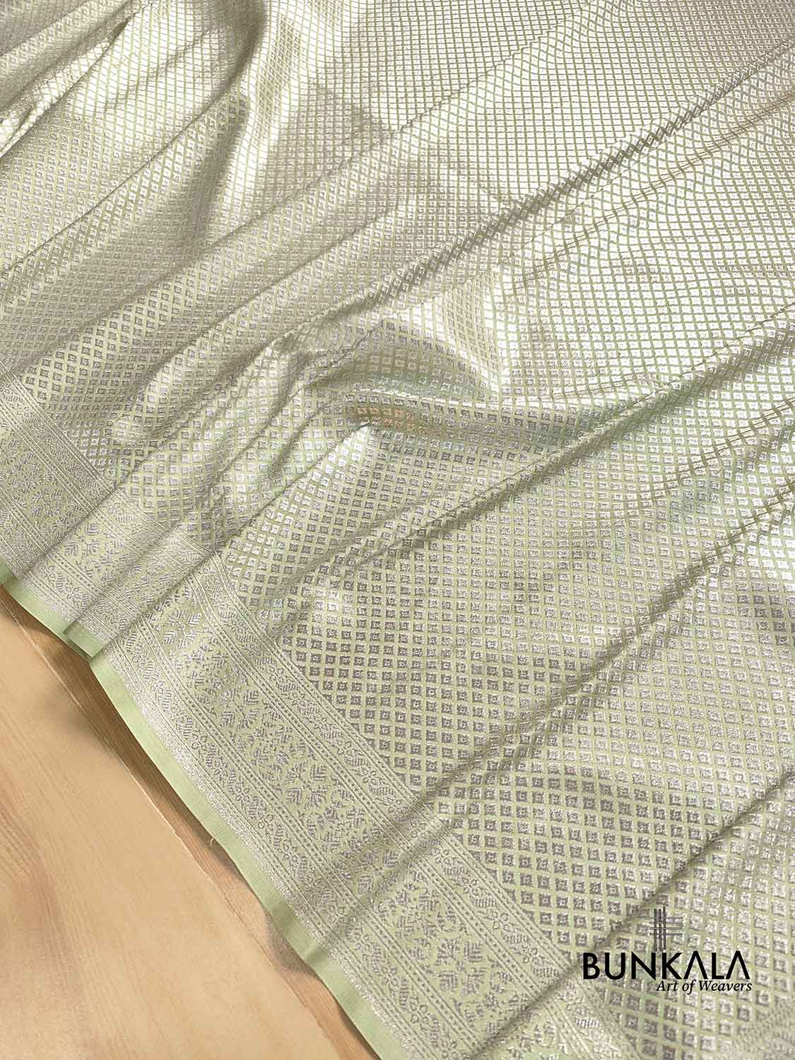 English Light Green Mashru Silk Silver Zari Brocade Weaved Banarasi Saree