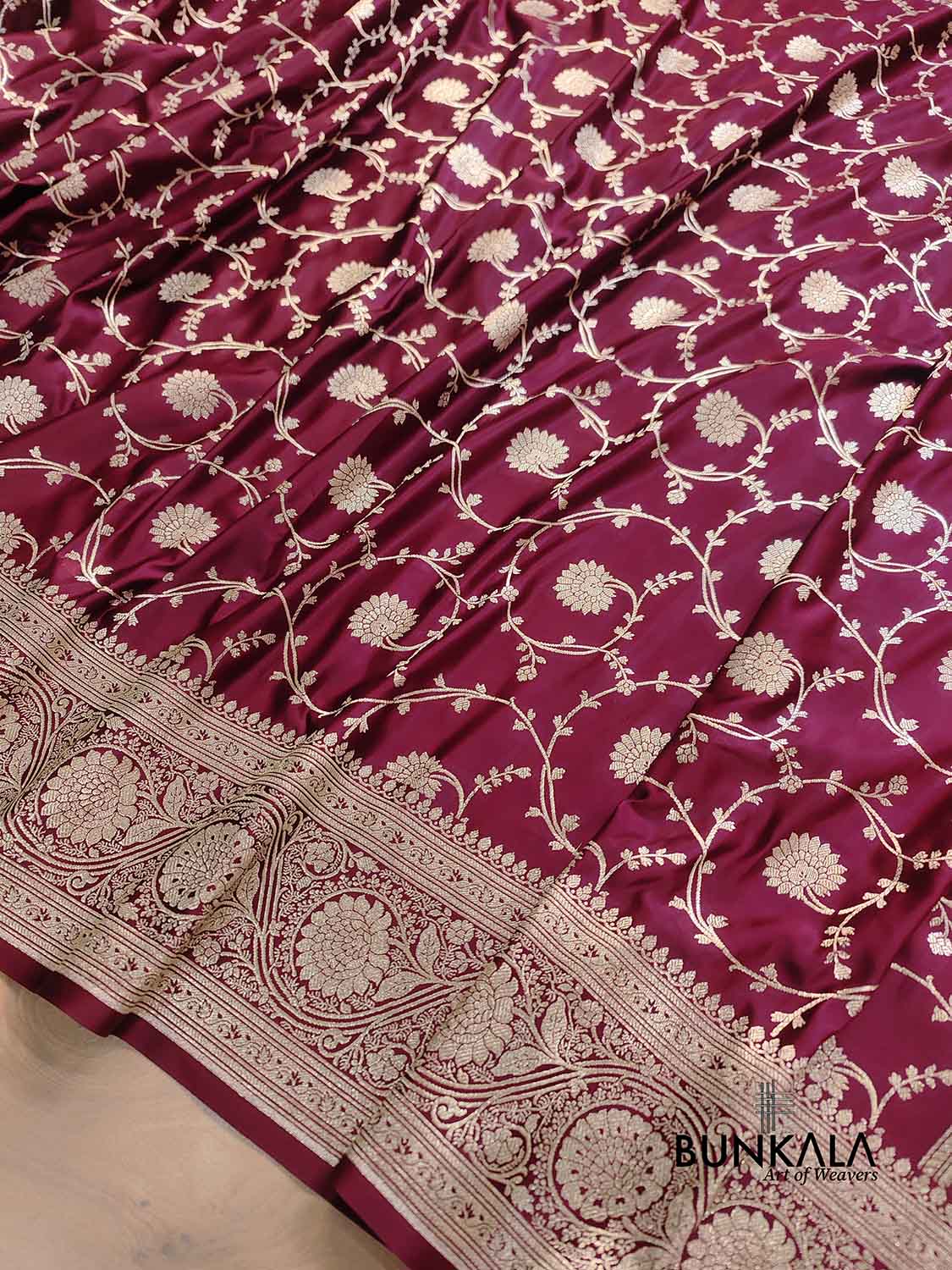 Bridal Dark Maroon Soft Mashru Silk Allover Floral Jaal Design Weaved Banarasi Saree