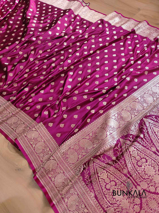 Magenta Pink Soft Mashru Silk Allover Small Buti Weaved Banarasi Saree