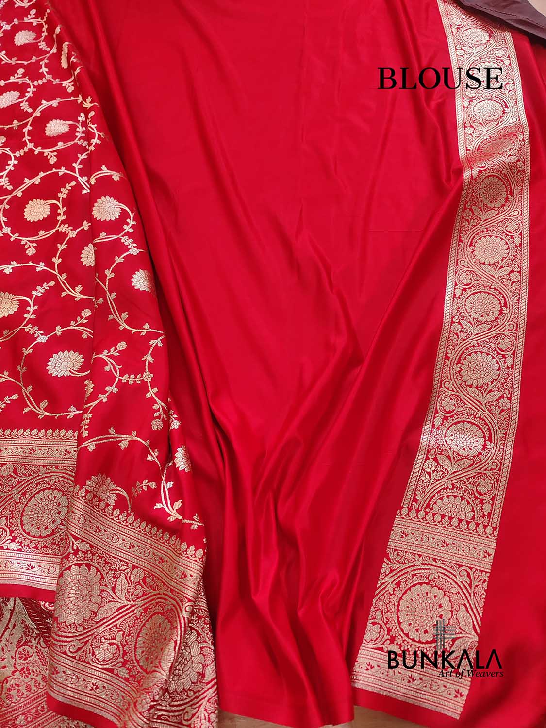 Bright Red Soft Mashru Silk Allover Floral Jaal Design Weaved Banarasi Saree