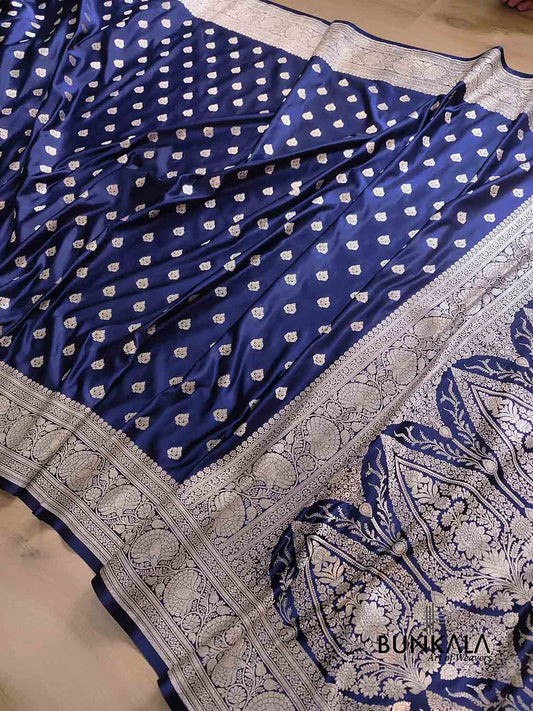 Navy Blue Soft Mashru Silk Allover Small Buti Weaved Banarasi Saree
