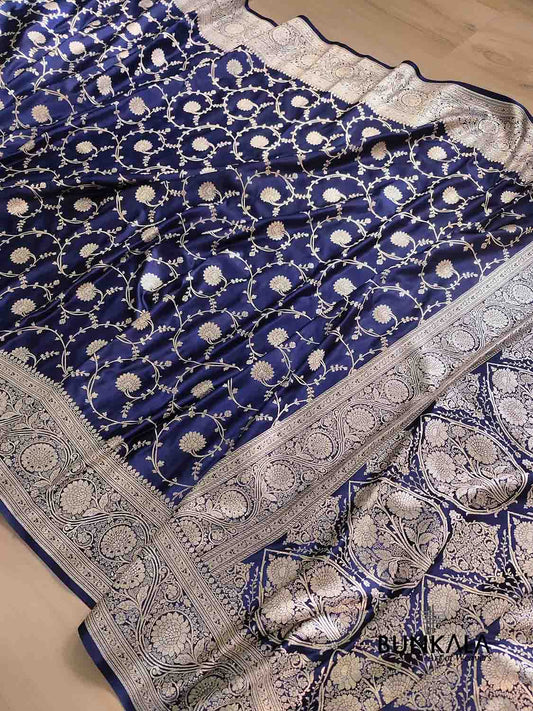 Navy Blue Soft Mashru Silk Allover Floral Jaal Design Weaved Banarasi Saree