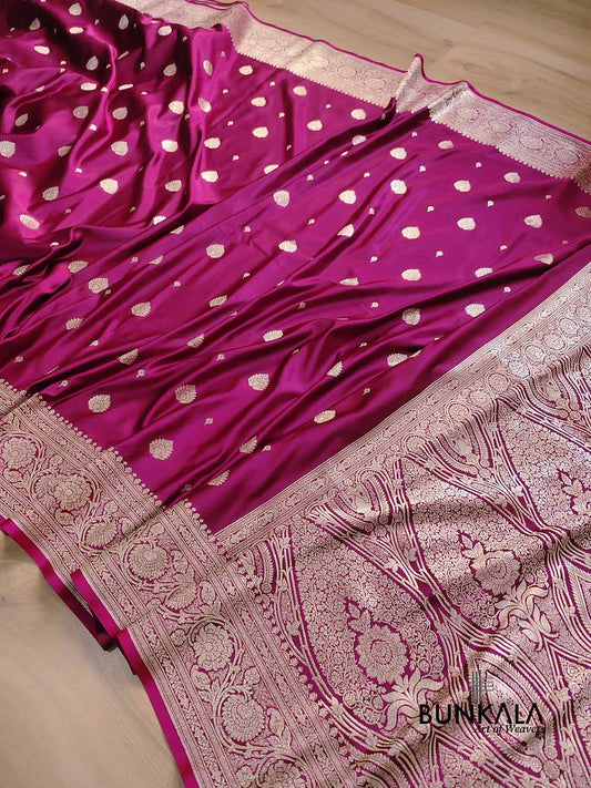 Magenta Pink Soft Mashru Silk Allover Small Buti Weaved Banarasi Saree