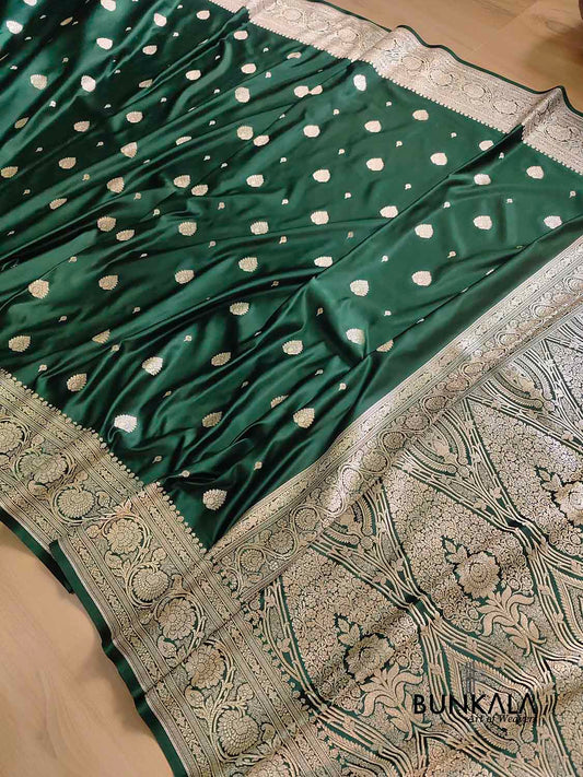 Bottle Green Soft Mashru Silk Allover Small Buti Weaved Banarasi Saree
