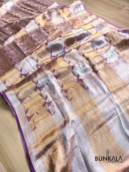 Purple Geometrical Pattern Gold & Silver Zari Handloom Banarasi Pure Tissue Saree