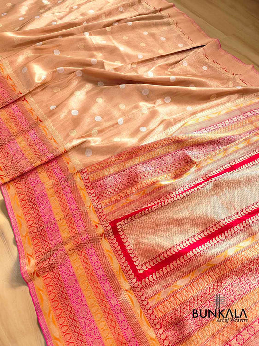 Beige Pure Tissue Katan Silk Kadwa Handweaved Allover Sona Rupa Small Buti with Multicolor Border Banarasi Saree