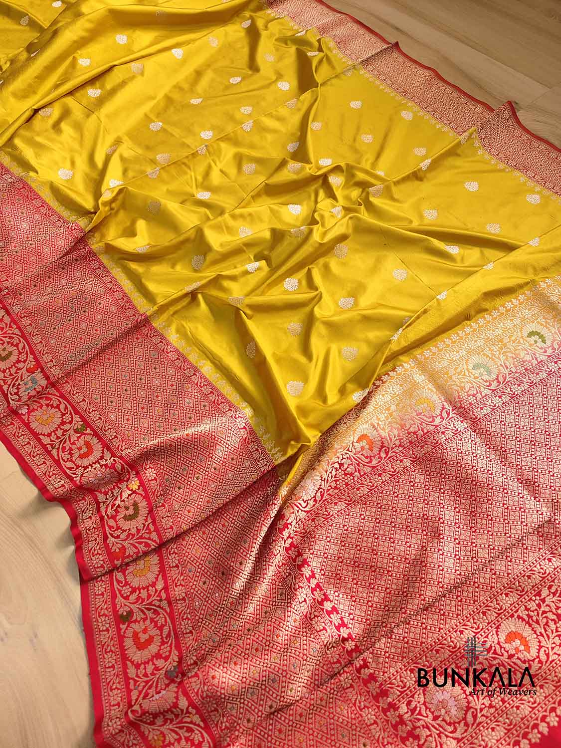 Bright Yellow Pure Katan Silk Double Tana Handloom Banarasi Saree with Red Contrast Meenakari Border